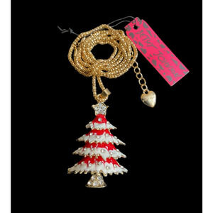Christmas Tree Necklace Red White Enamel Clear Crystal Gold Chain New